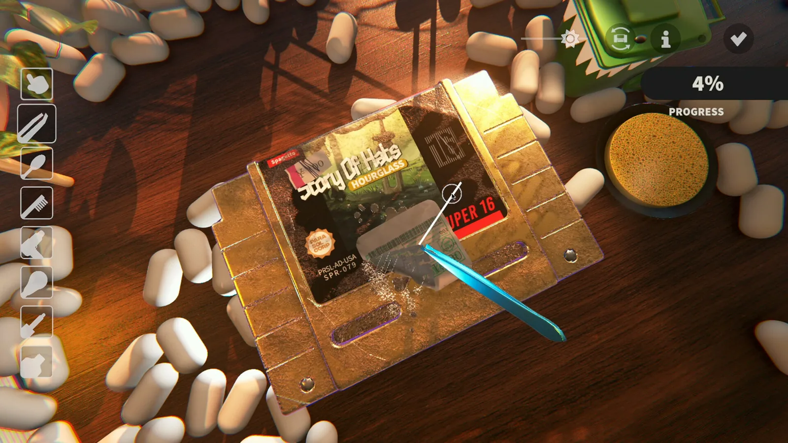 Artwork of a retro game cartridge beside cleaning tools and a shelf